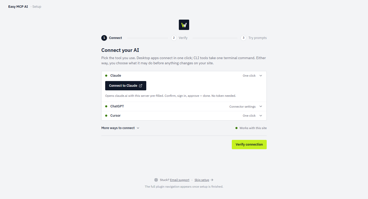 Easy MCP AI WordPress dashboard and MCP connection settings
