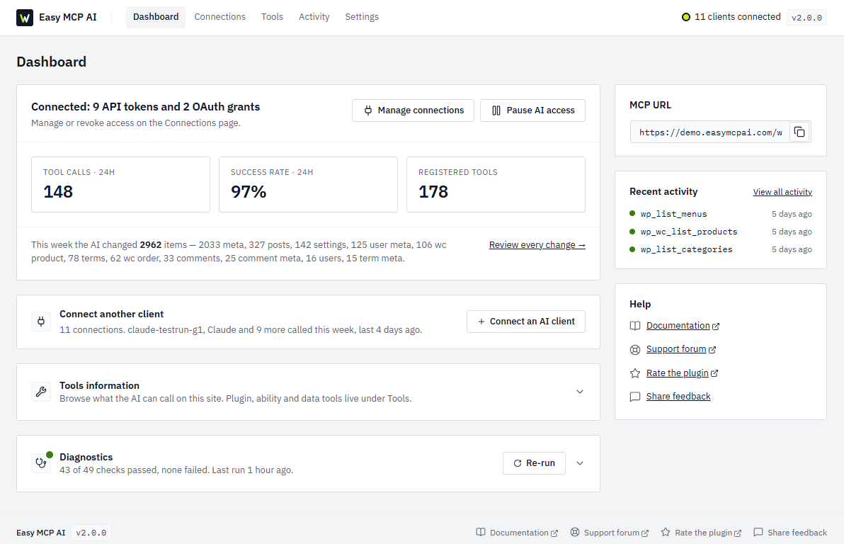 Easy MCP AI OAuth and API token connections interface