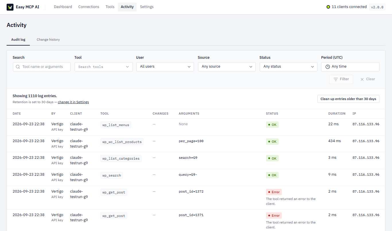 Easy MCP AI WordPress security settings and access controls