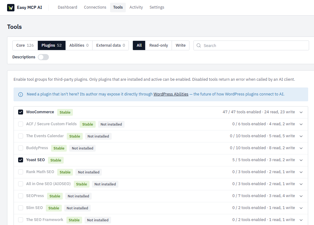 Easy MCP AI external data integration settings