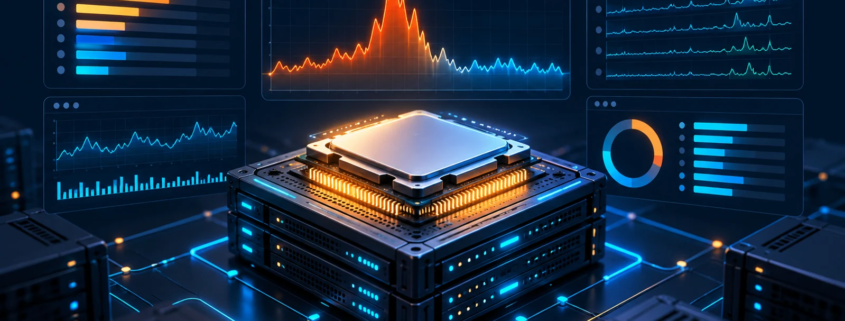 High CPU usage on a Linux VPS illustrated by a server processor and CPU monitoring graphs